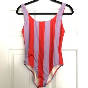 Solid and Striped - The Anne-Marie lilac and red striped one piece.